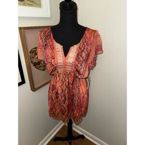 One World XL Blouse Bohemian Pink Orange Animal Print Sequin V-Neck Festival NWT